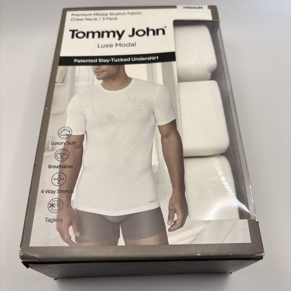 Tommy John Mens 3-Pack T-Shirts M Crew Neck Undershirts White Luxe Modal Medium